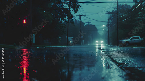 Rainy Night Street Scene with Reflective Pavement and Traffic Lights