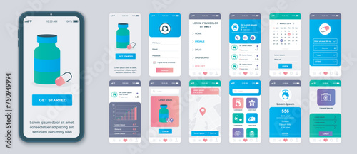 Medicine mobile app screens set for web templates. Pack of patient profile, online pharmacy orders, doctor treatments, account menu. UI, UX, GUI user interface kit for cellphone layouts. Vector design