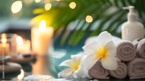 Tranquil Spa Ambience  Candles  Towels  and Tropical Flowers for Relaxation