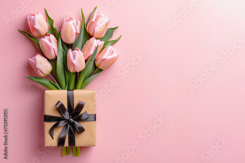 Pink banner of tulips bouquet and gift box for Mother's Day promotional layout with copy space
