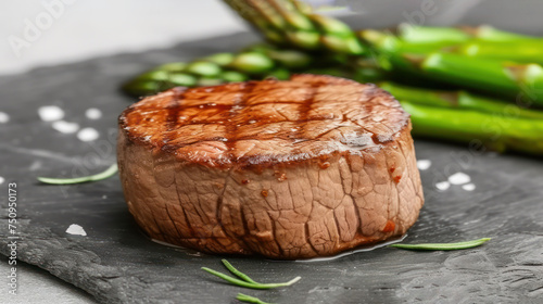 a piece of meat sitting on top of a plate next to a bunch of asparagus on a table. photo