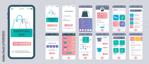 Shopping mobile app screens set for web templates. Pack of profile login, purchases list, online order, payment service, delivery. UI, UX, GUI user interface kit for cellphone layouts. Vector design