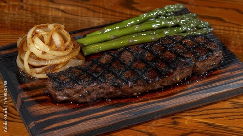 a steak, asparagus, and onion dish on a wooden platter on a wooden table with a wooden table top. photo