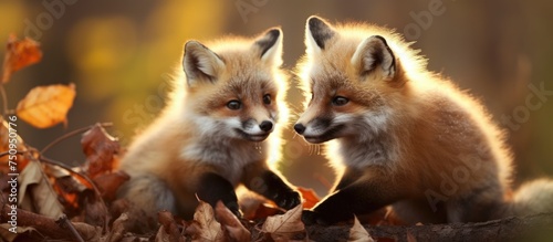 Two foxes, known for their friendly and playful nature, are standing side by side in this scene. Their fluffy fur and attentive expressions showcase their adorable and tame demeanor. photo