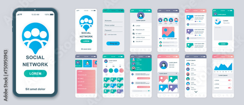 Social network mobile app screens set for web templates. Pack of profile login, photo avatar, online communication, blogging menu. UI, UX, GUI user interface kit for cellphone layouts. Vector design
