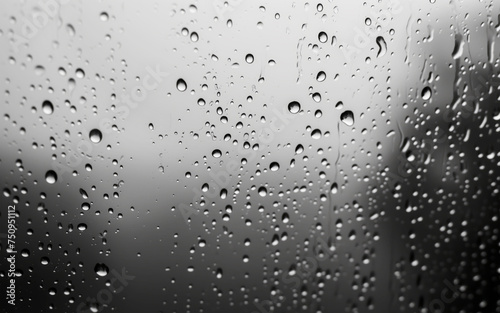 Window with raindrops on it. Raindrops are small and scattered, creating blurry effect. Scene is calm and peaceful, as raindrops fall gently on window