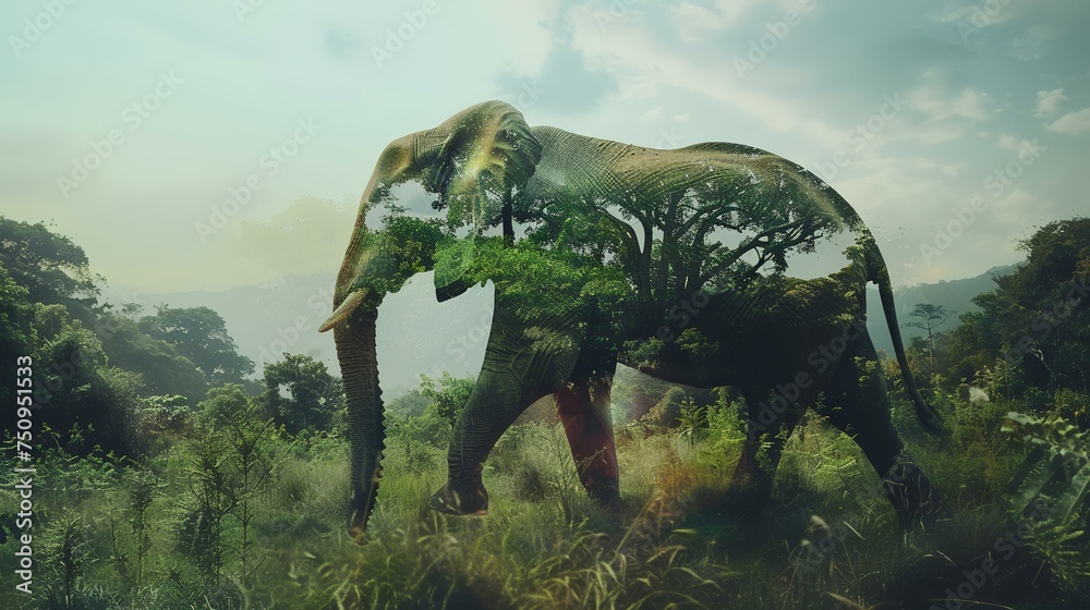 Fototapeta premium Elephant in the jungle of Sri Lanka. 3D rendering.