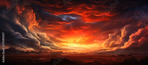 The painting depicts a fiery sunset with dramatic clouds in the sky, capturing a moment of tranquility and hope following a storm. The vibrant colors and swirling clouds create a striking scene.