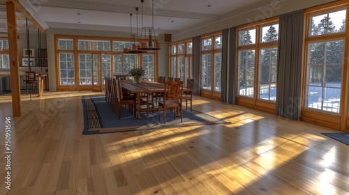 a dining room with large windows and a wooden table in the middle of the room with a blue rug on the floor. photo