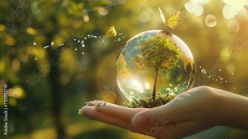 Ecology and environment concept. Close-up of human hand holding globe with green tree and butterfly