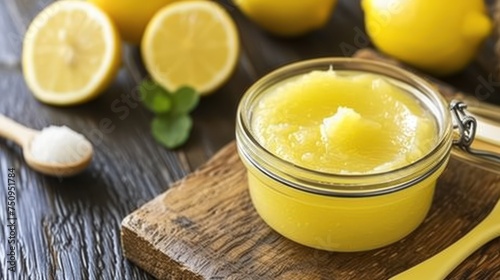 a jar of lemon curd sitting on top of a wooden cutting board next to lemons and a spoon.