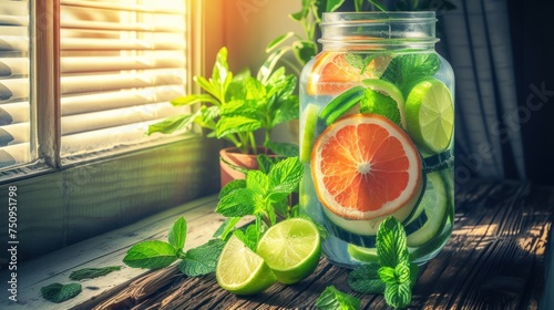 a mason jar filled with sliced limes, limeade, and a slice of grapefruit in front of a window. photo