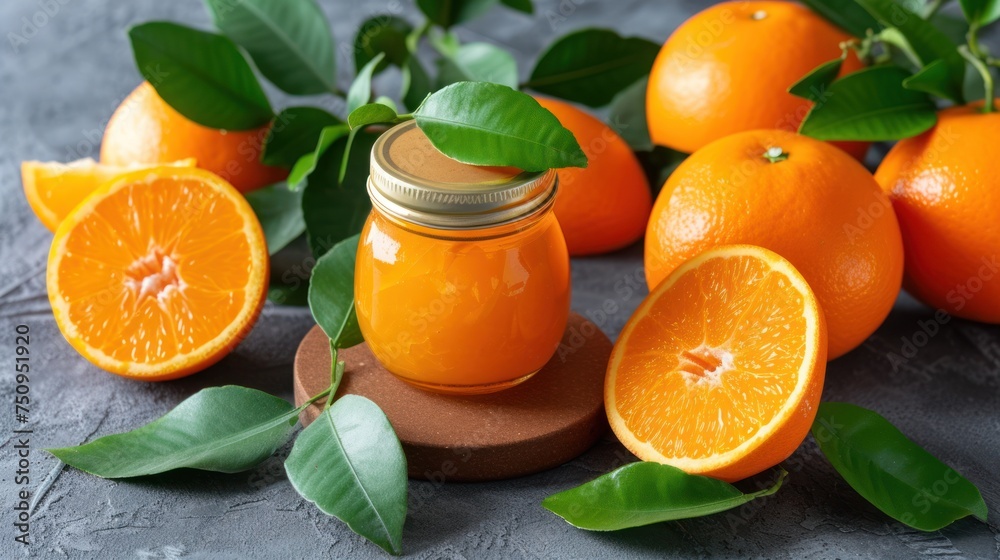 a jar of oranges sitting on top of a table next to a bunch of oranges on top of a table. a jar of oranges sitting on top of a table next to a bunch of oranges on top of a table.
