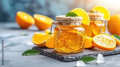 a glass jar filled with liquid sitting on top of a cutting board next to sliced oranges and mint leaves. photo