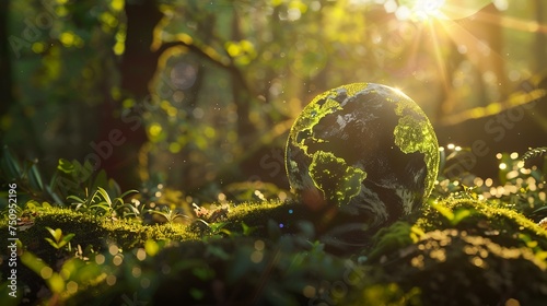 Globe on the green moss in the forest with sunlight. Ecology concept #750952196