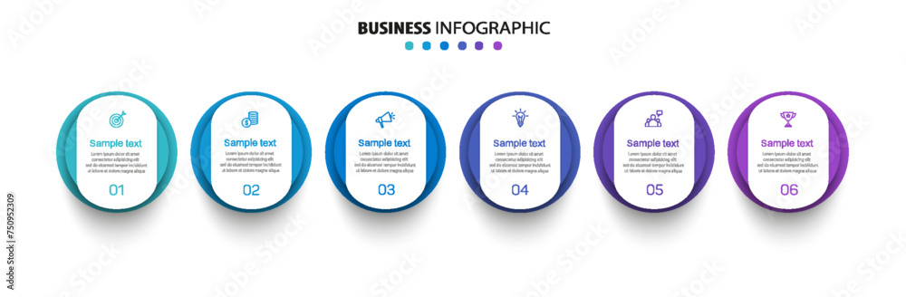 Business vector infographic design template with icons and 6 options or steps. Can be used for process diagram, presentations, workflow layout, banner, flow chart, info graph	

 - obrazy, fototapety, plakaty 