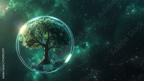 Fantasy landscape with trees, planets, and stars. 3D rendering