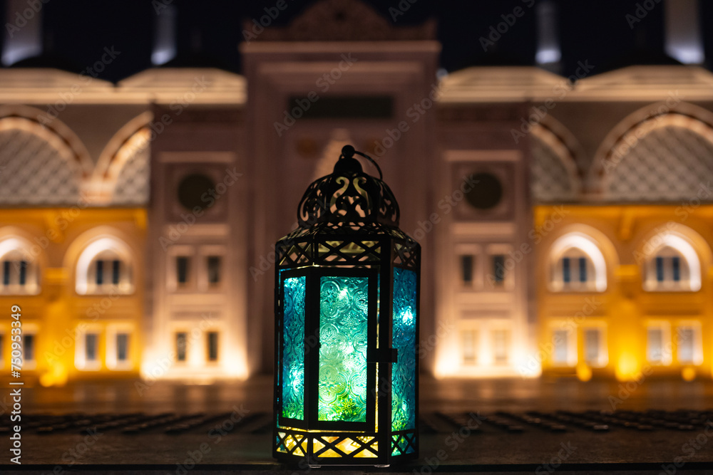 Colorful Ramadan Lanterns in the Istanbul Icons Silhouette, Ramadan Month Background Concept Photo, Camlica Mosque Uskudar, Istanbul Turkiye (Turkey)