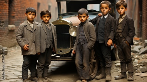 1930s american life. group of boys posing with vintage car - nostalgic retro scene