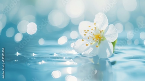 a white flower floating on top of a body of water with drops of water around it and boke of light reflecting off the water.