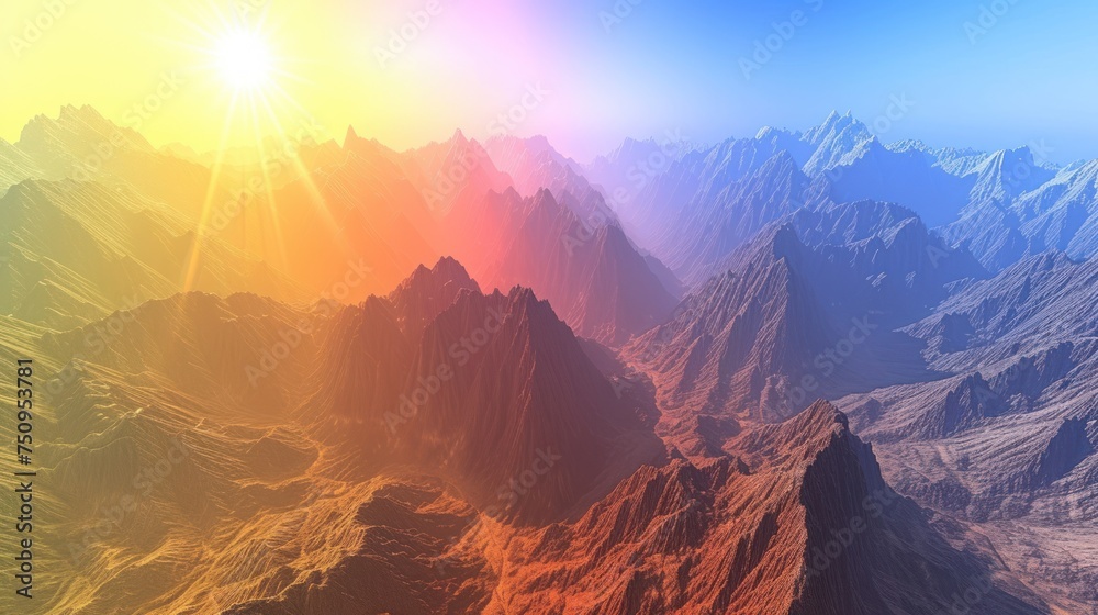 a computer generated image of a mountain range with the sun shining over the top of the mountains in the distance.