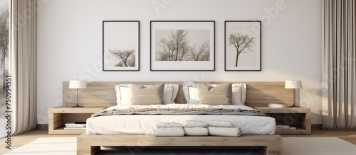 A bedroom featuring a sizable bed dominates the room, adorned with various framed pictures on the wall. The bed is neatly made with cushions arranged, and the wall pictures add personality to the