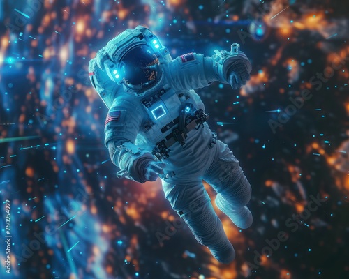 A high angle shot of a minimalist hologram depicting an astronaut floating in space amidst popular keywords shot in a futuristic style