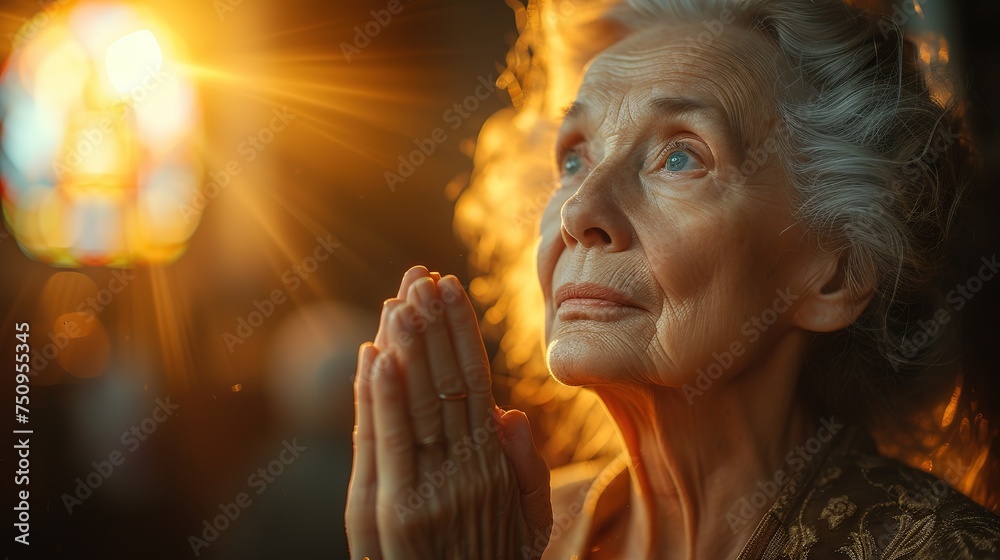 Aged woman praying in the church in the sunbeams shining