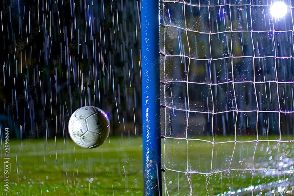 Close-up of a soccer ball hitting the wet net during a rainy night match, showcasing dynamic water splash. - obrazy, fototapety, plakaty 