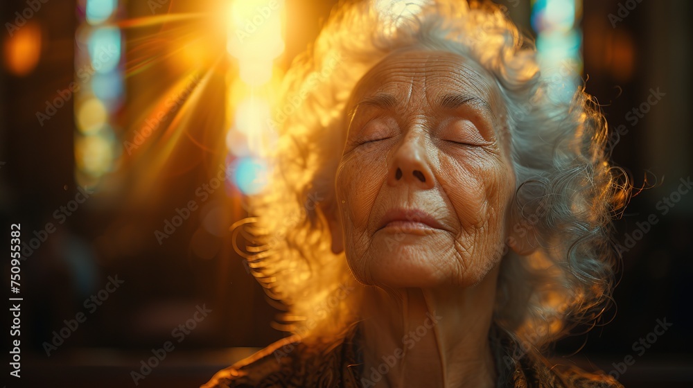 Aged woman praying in the church in the sunbeams shining