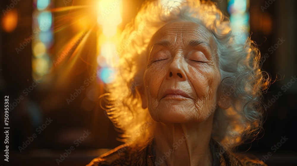 Aged woman praying in the church in the sunbeams shining Aged woman praying in the church in the sunbeams shining