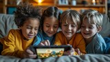 Happy multi ethnic children using digital table in library