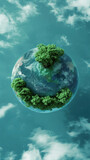 A floating Earth globe above a small green island, perfect for promoting reforestation and Earth's restoration efforts.