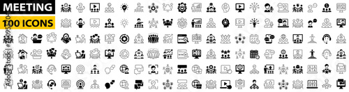 Meeting icon set. Business training and workshop icons. Line and flat icon style. Conference, team, brainstorm, seminar, interview, assembly, agreement, discussion and more. Vector illustration.