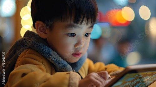 A young Asian boy deeply focused while using a digital tablet in an indoor setting.