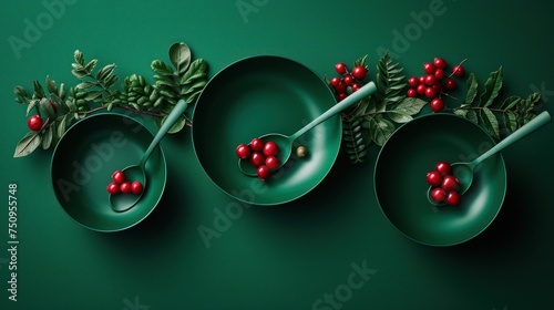 a set of three green plates with berries on them and a spoon in the middle of one of the plates. photo