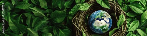 Banner with Earth nestled in greenery symbolizes nurturing our planet, ideal for environmental protection themes and Earth Day promotions. photo
