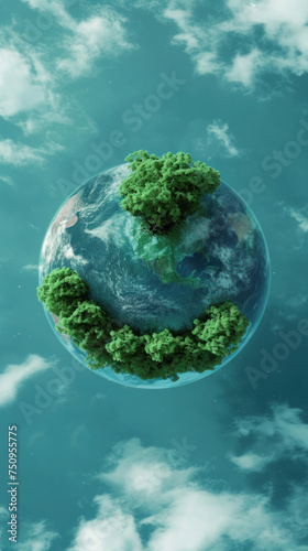 A floating Earth globe above a small green island  perfect for promoting reforestation and Earth s restoration efforts.