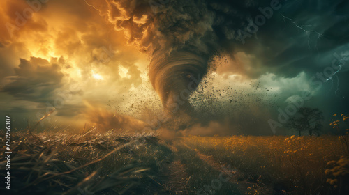 Close up shot of a tornado swirling ominously in the sky capturing the chaos and power of nature in a dreamlike setting