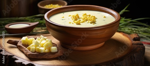 A bowl of sweet corn soup is accompanied by a side of corn kernels on a wooden surface. The rustic appearance of the wooden bowl complements the warm colors of the soup and corn.