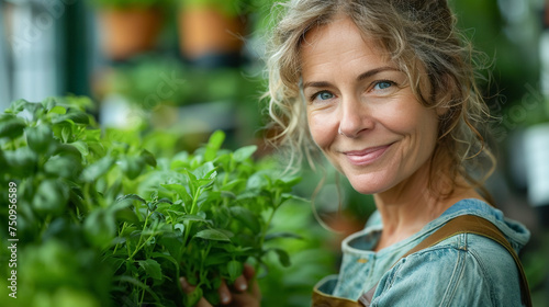 smiling mature woman picking up herbs from own home plants. Individual cultivating a herb garden at home.
