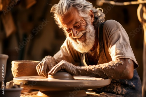 Man working pottery wheel. Art craft clay artist creativity. Generate Ai
