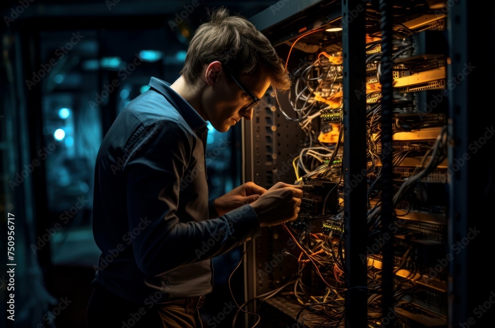 Man data center server. Network security. Generate Ai Man data center server. Network security. Generate Ai