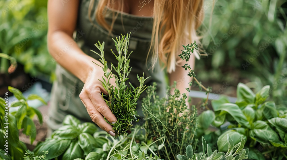 Fototapeta premium young woman picking up herbs and vegetables from own home garden. Home garden. Awoman harvests greenery.