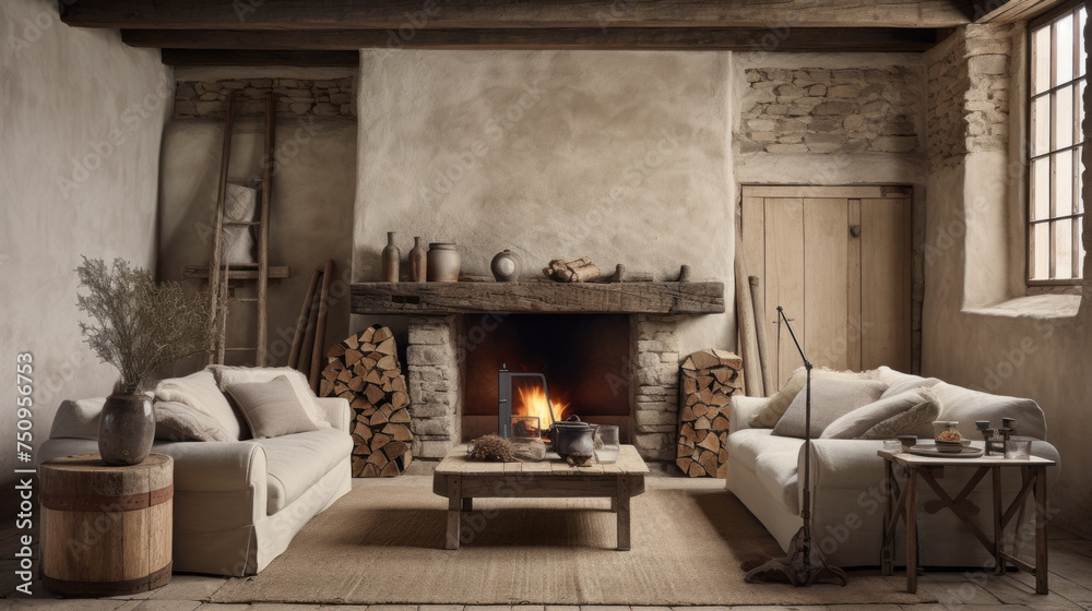A rustic living room featuring textured walls in shades of cream and black A rustic living room featuring textured walls in shades of cream and black