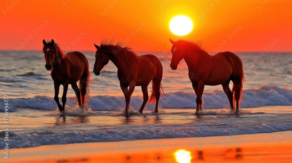 a group of horses standing on top of a beach next to the ocean under a bright orange and yellow sky. a group of horses standing on top of a beach next to the ocean under a bright orange and yellow sky.
