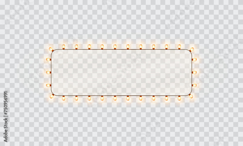 Light rectangle banner isolated on transparent background. Vector Hollywood bulbs frame or Las Vegas casino night sign. Theatre makeup mirror with lamps