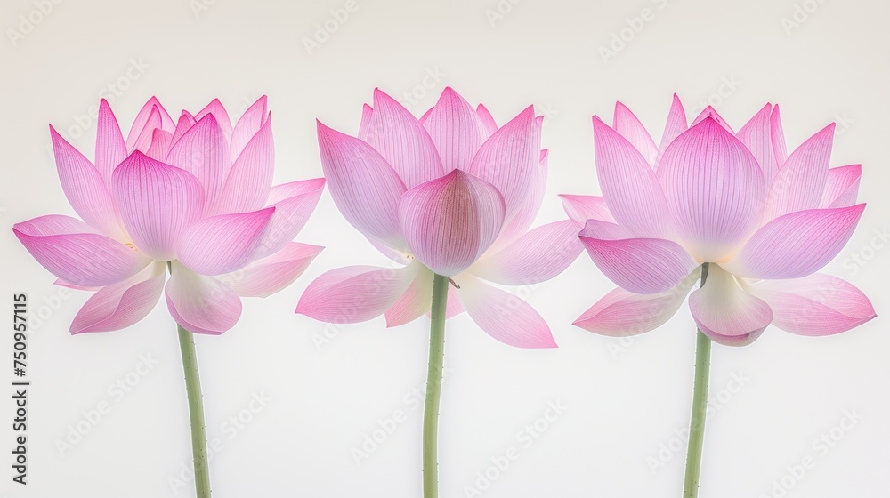 a group of three pink flowers sitting next to each other on top of a white wall in front of a white wall. a group of three pink flowers sitting next to each other on top of a white wall in front of a white wall.