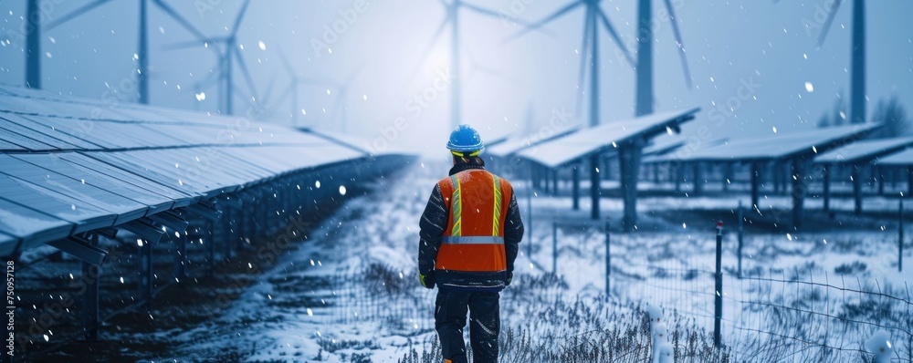 Worker in winter, shot from rear side go control solar panels Worker in winter, shot from rear side go control solar panels