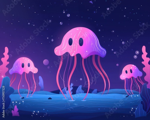Ground level perspective of jellyfish exploring a quirky cartoon universe incorporating popular keywords in a minimalist approach